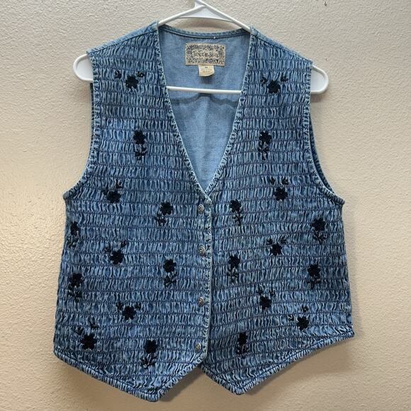 Tantrums Jackets & Blazers - Vtg Denim Vest Black Floral Embroidered Chambray Western Cottagecore Prairie M